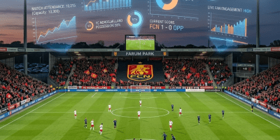 Soccer match at Farum Park with real-time digital statistics and fan engagement data overlaid