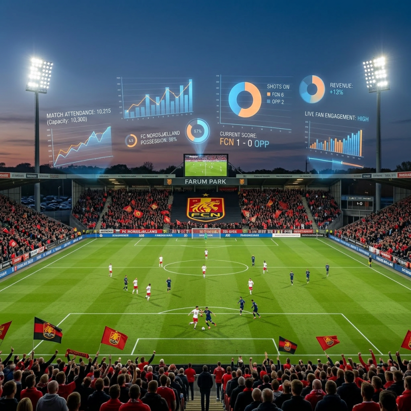 Soccer match at Farum Park with real-time digital statistics and fan engagement data overlaid