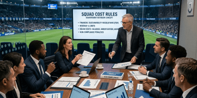 Executives in a boardroom discussing squad cost rules with charts and laptops by a stadium window