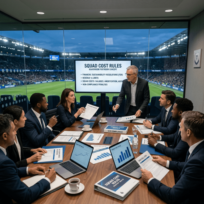 Executives in a boardroom discussing squad cost rules with charts and laptops by a stadium window