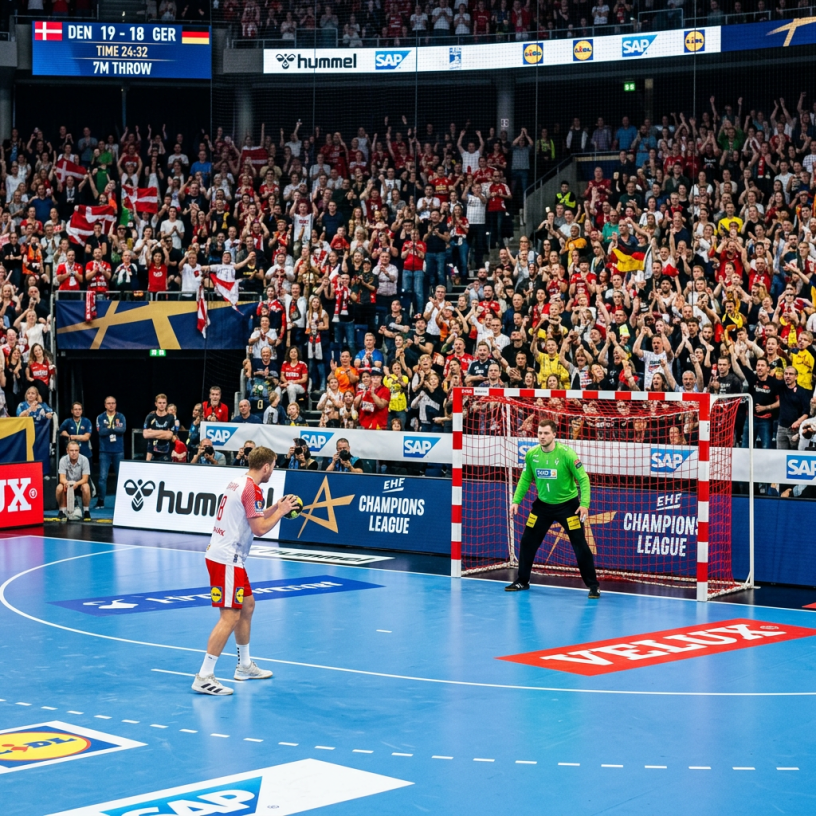 Handball penalty setup blue court red white goal crowd
