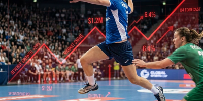 Handball player in blue jersey jumping to throw ball with market and performance data overlay