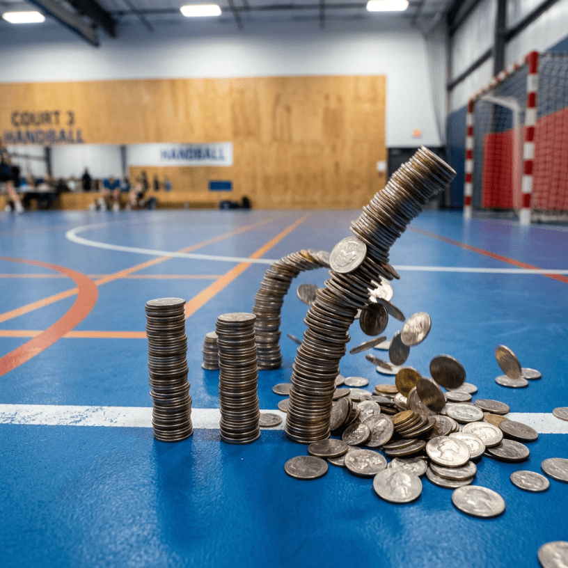 Several stacks of coins on a blue indoor court, with one stack toppling and coins falling.