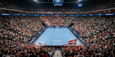 Full handball arena with spectators seated around the court