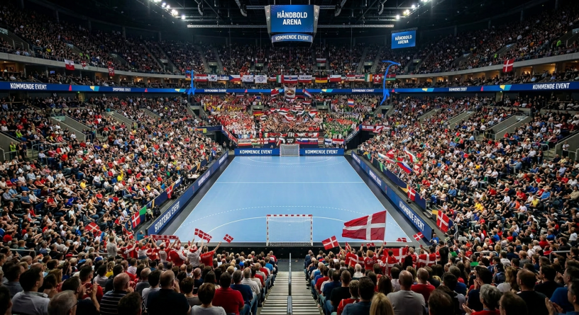 Full handball arena with spectators seated around the court