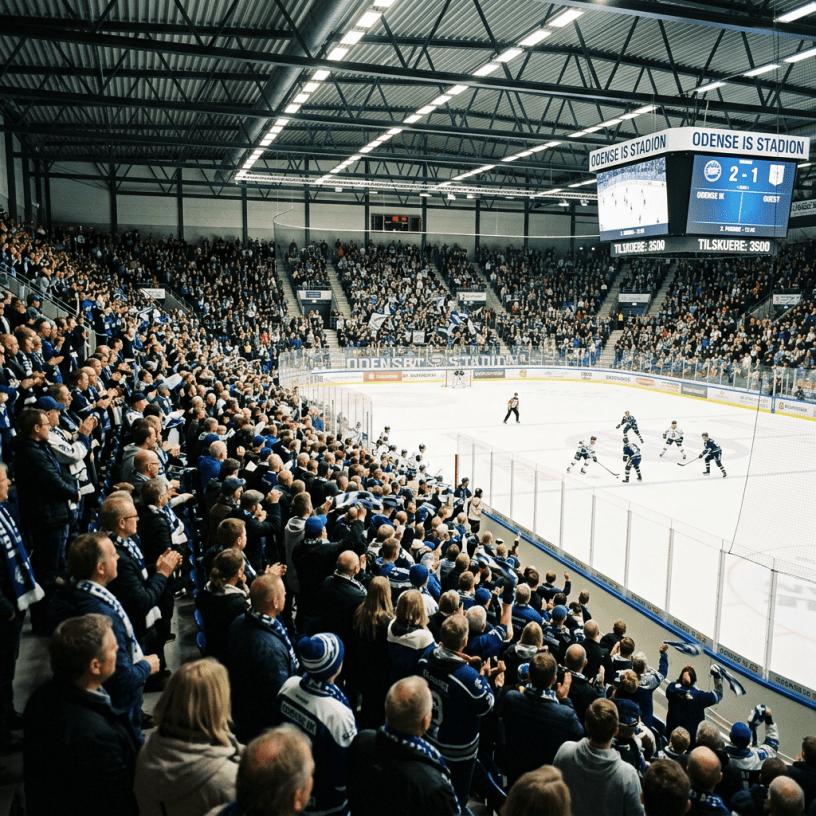 Crowded ice hockey arena with fans cheering and a game in progress