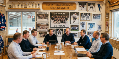 Eight men seated at a wooden table in a meeting room decorated with hockey trophies and team photos