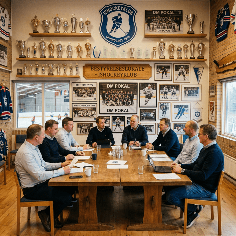 Eight men seated at a wooden table in a meeting room decorated with hockey trophies and team photos