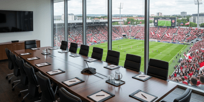 Conference room with long table and chairs facing large windows showing a soccer stadium with a crowd