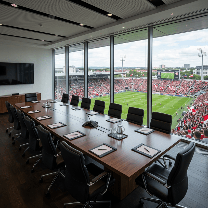 Conference room with long table and chairs facing large windows showing a soccer stadium with a crowd