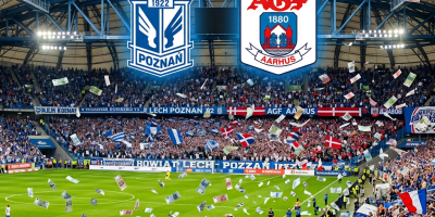Crowd at a soccer stadium with Lech Poznan and AGF Aarhus team logos overhead and money bills thrown in the air