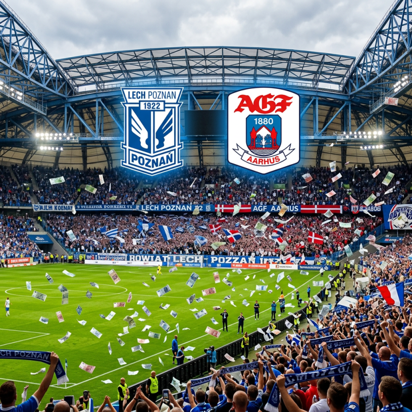 Crowd at a soccer stadium with Lech Poznan and AGF Aarhus team logos overhead and money bills thrown in the air