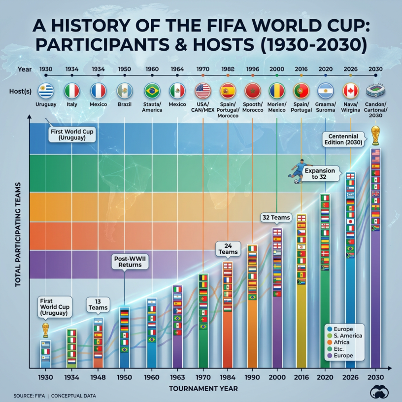 Timeline of FIFA World Cup hosts and team participation from 1930 to 2030 with country flags and team counts