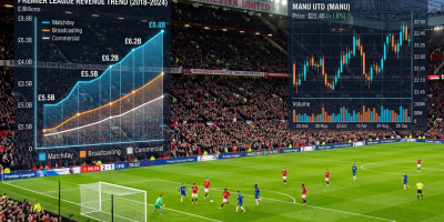 Premier League financial data including revenue breakdowns and Manchester United stock price trend with packed football stadium