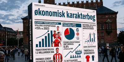 Economic report on Danish football showing export performance, GDP contribution, market value, and sponsor information.