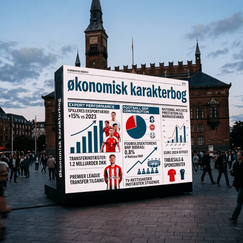 Economic report on Danish football showing export performance, GDP contribution, market value, and sponsor information.