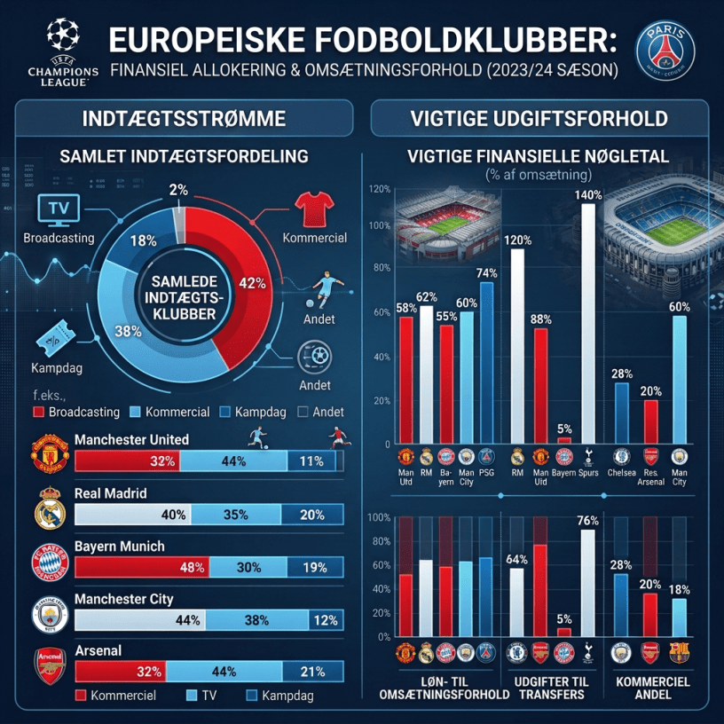 Financial allocation and revenue ratios of major European football clubs including broadcasting, commercial, and matchday revenues alongside key expenditure metrics for the 2023/24 season