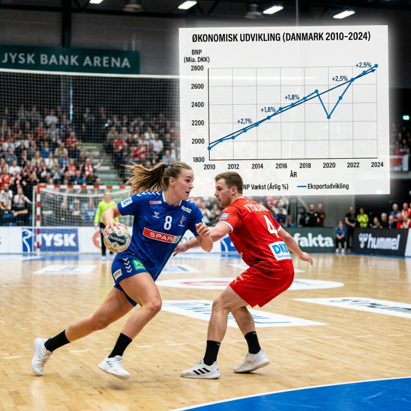 Two handball players in action on court with an economic growth graph of Denmark 2010-2024 overlaid