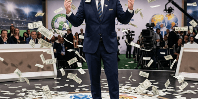 Man in FIFA suit with money falling around him on football confederation logos floor