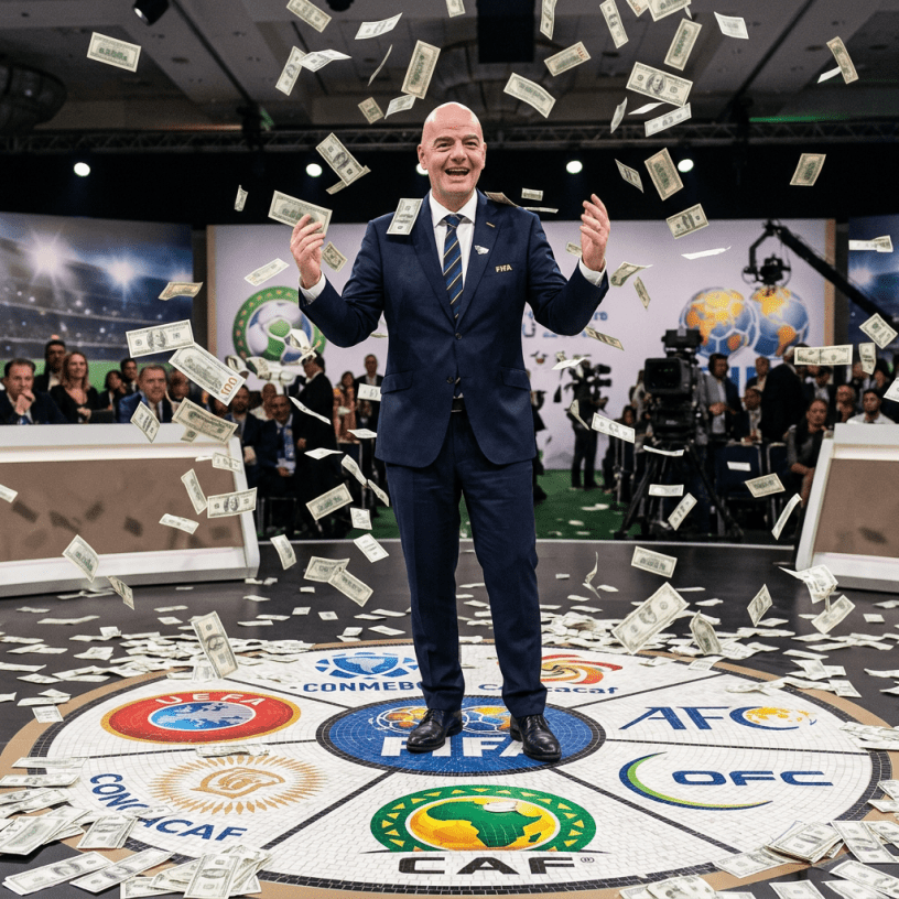 Man in FIFA suit with money falling around him on football confederation logos floor