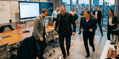Group of coworkers playing soccer inside an office conference room