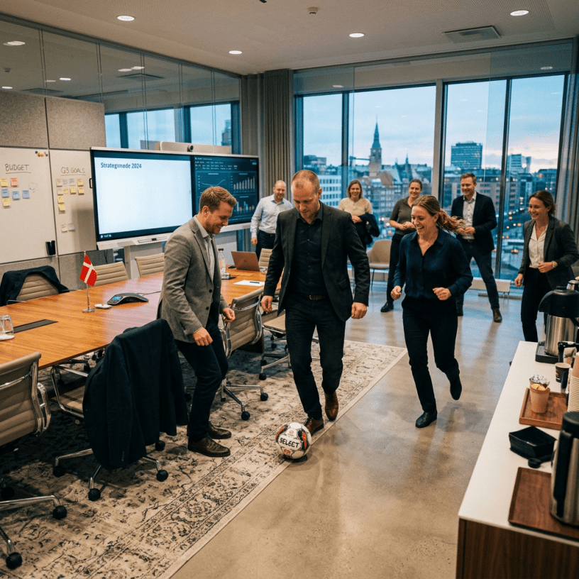 Group of coworkers playing soccer inside an office conference room