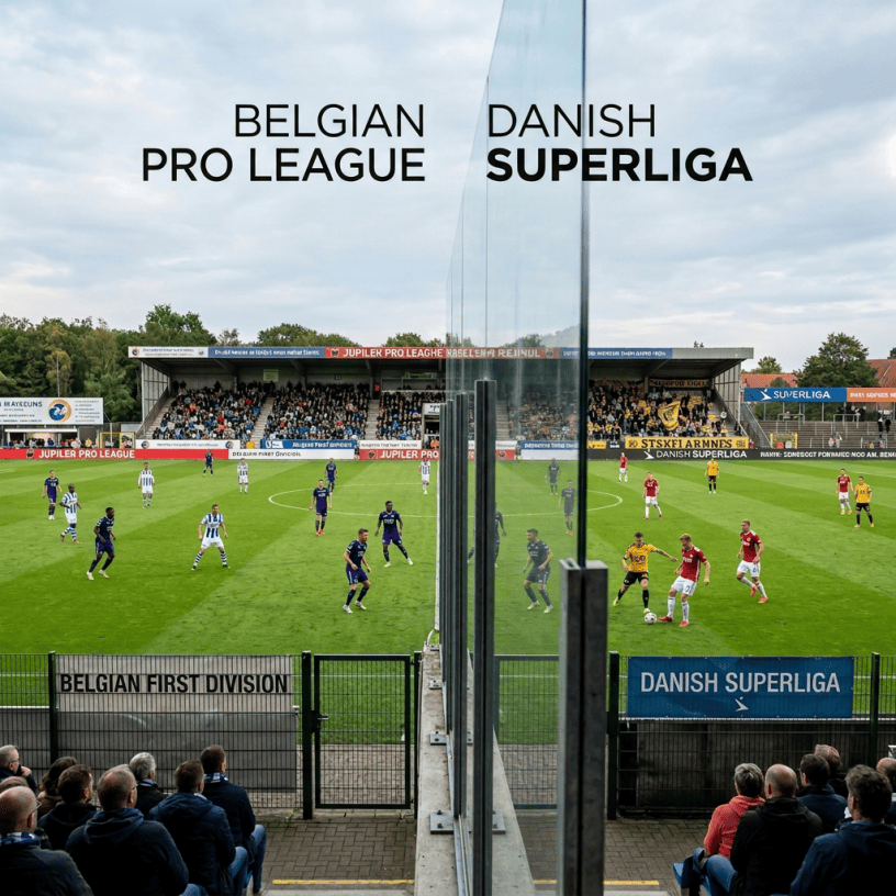 Split football stadium labeled Belgian Pro League and Danish Superliga