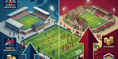 Graphic comparing DANMARK 1. DIVISION and BELGIEN 1. DIVISION: Denmark 24 MIO. personnel costs versus Belgium 48 MIO., with trainers, spectators, facilities, and stadiums.