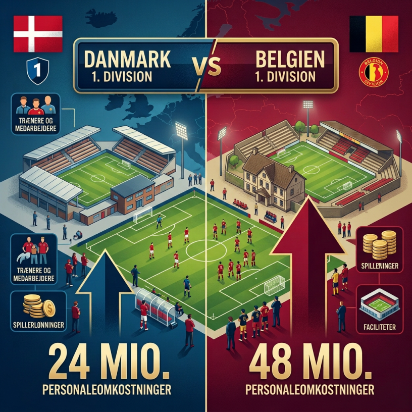 Graphic comparing DANMARK 1. DIVISION and BELGIEN 1. DIVISION: Denmark 24 MIO. personnel costs versus Belgium 48 MIO., with trainers, spectators, facilities, and stadiums.
