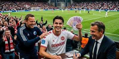 Denmark footballer holds cash beside signed transfer papers in stadium