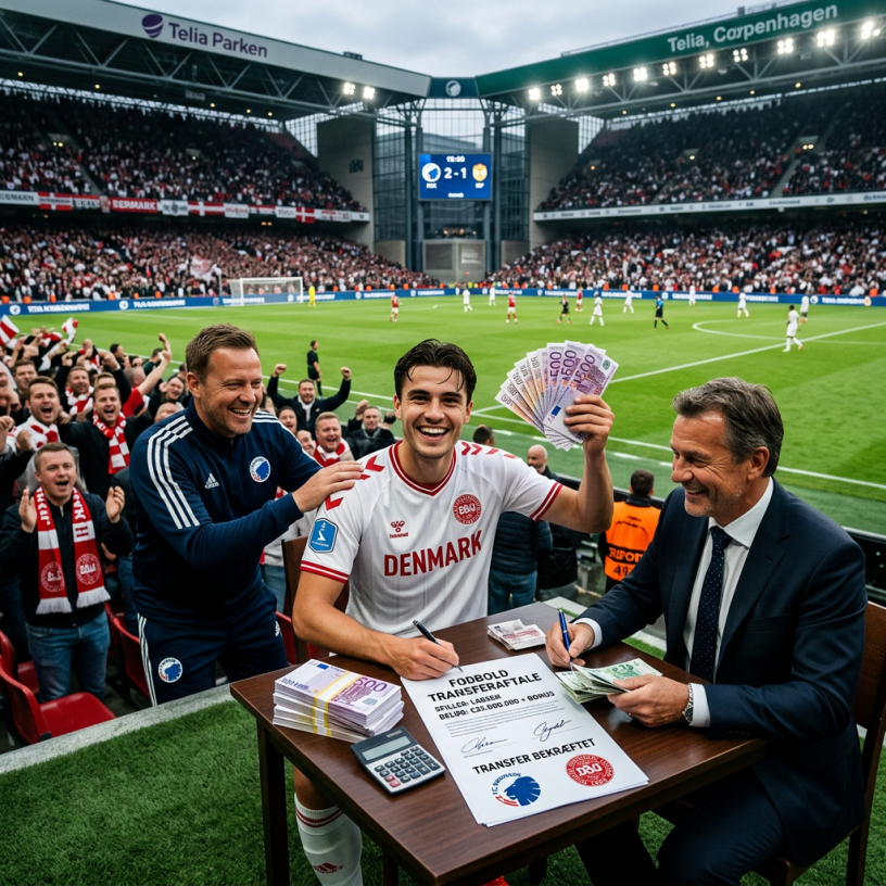 Denmark footballer holds cash beside signed transfer papers in stadium