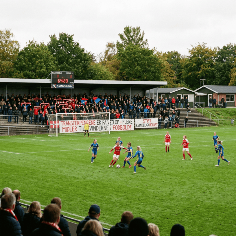 Women’s football match with scoreboard showing 64:23, cheering fans, and Danish banners supporting women’s football