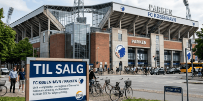 Sign announcing FC Copenhagen and Parken stadium redevelopment outside the stadium