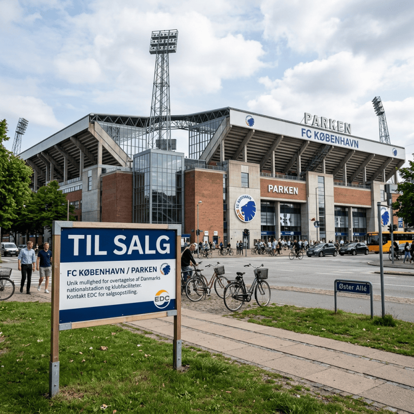 Sign announcing FC Copenhagen and Parken stadium redevelopment outside the stadium