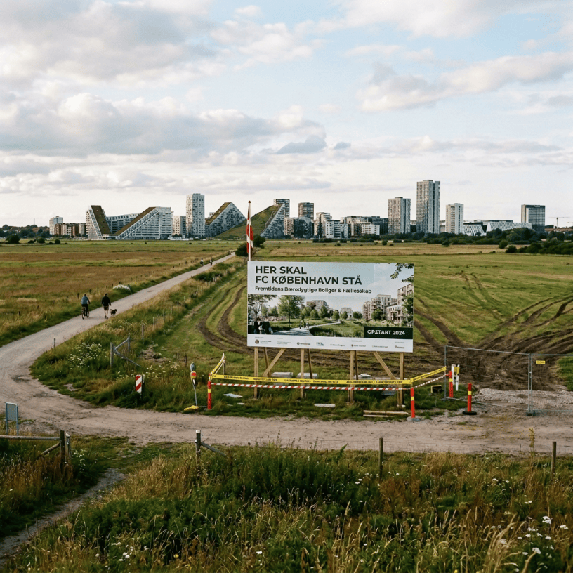 Sign reading “HER SKAL AMAGER PARK BYGGES” and “Fremtidens Bæredygtige Boliger & Fællesskab.”