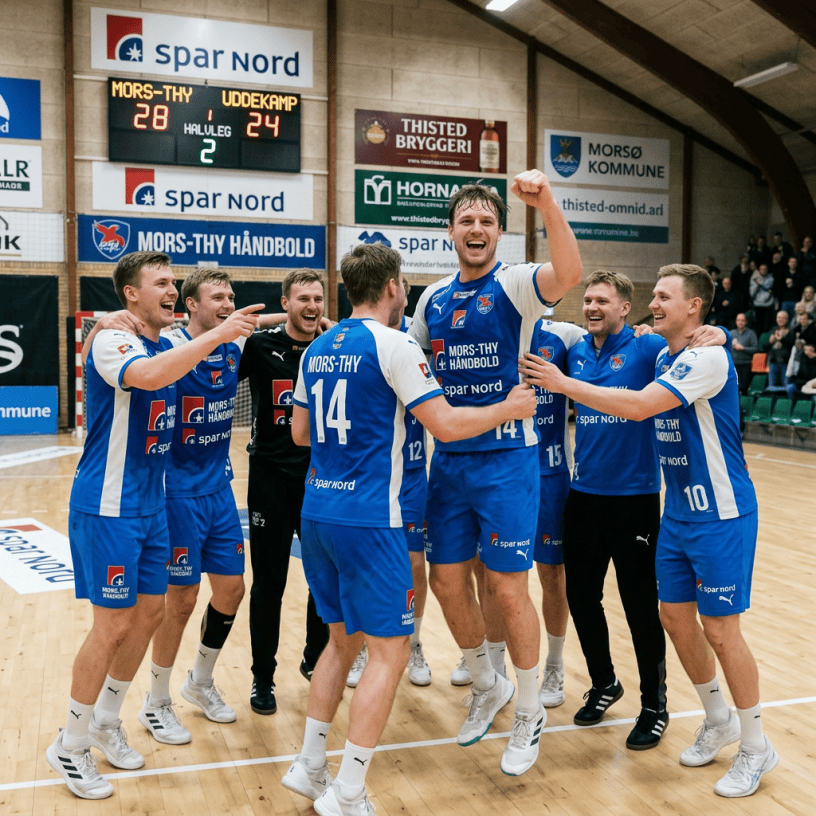 Mors-Thy Handball players celebrating a 28–24 victory on court