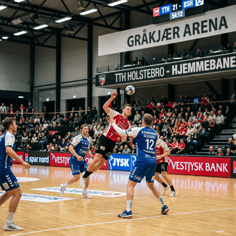 Handball player in red jumps to shoot as defenders in blue block him